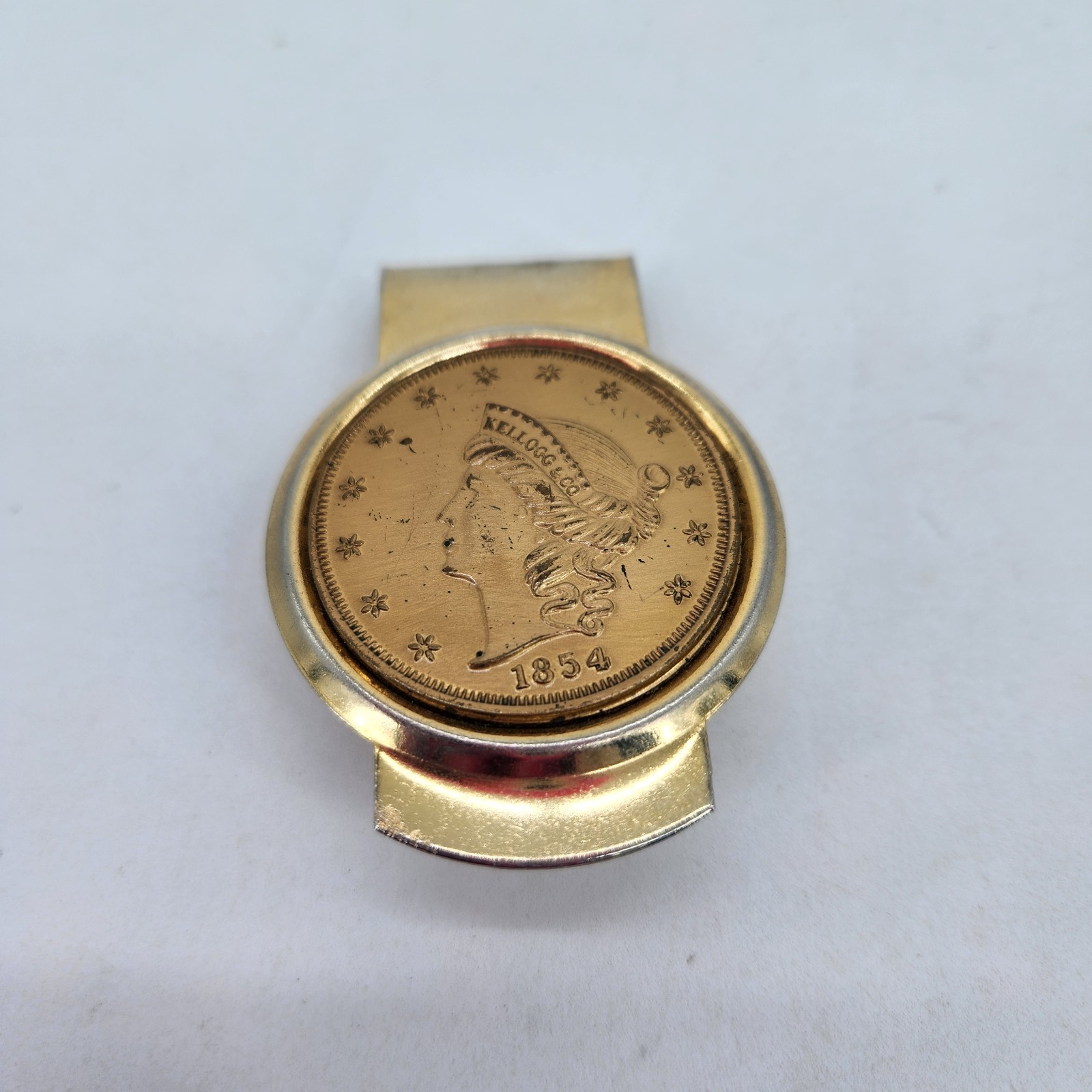 Vintage Money Clip With Replica of 1854 Liberty Head Kellogg & CO Gold Tone