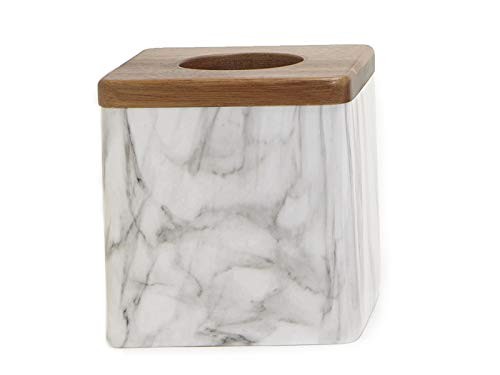 Harman Wyseria Marble Look Tissue Box Holder Polyresin Acacia Wood 6x6x6