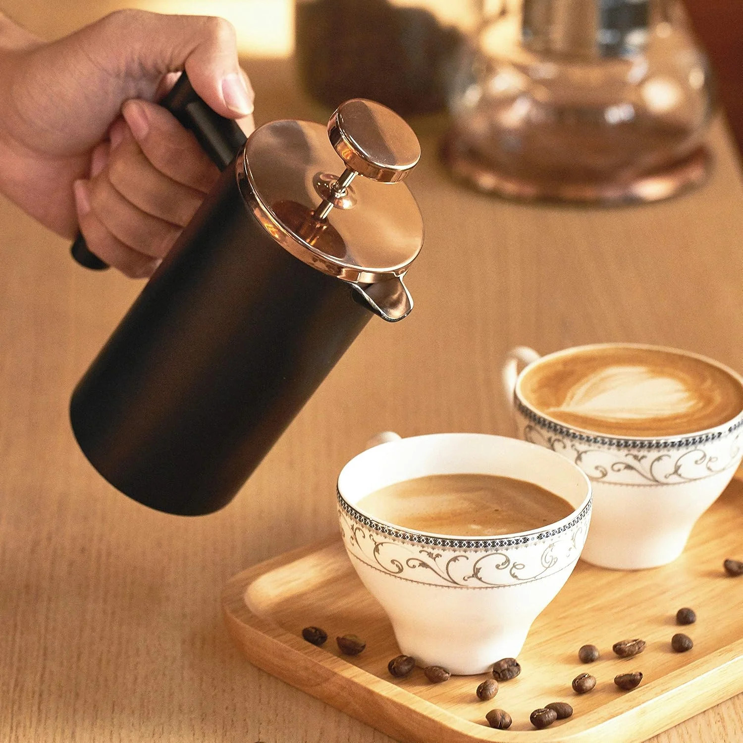 Small French Press Coffee Maker 350ml/12oz, Black Stainless Steel Double-Wall In