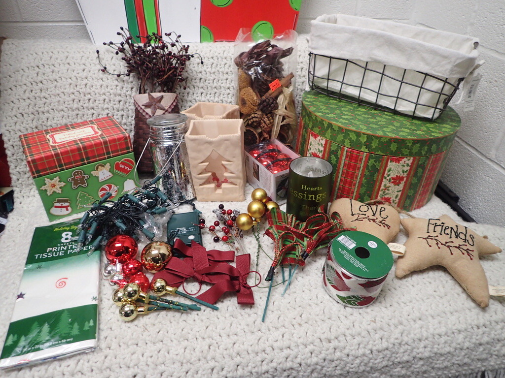 Large Lot of Christmas Decor Wood Sign Recipe Box Flameless Candle Lights etc.