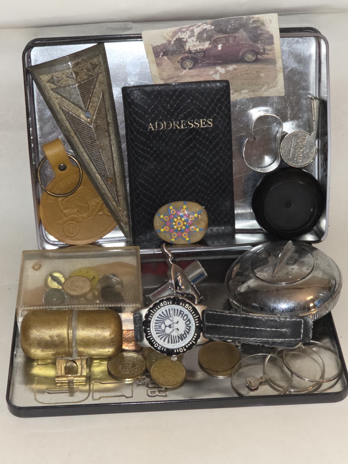 Vintage Junk Drawer Lot Estate CollectiblesWWII Tin Pince Nez Glasses Watch Coin