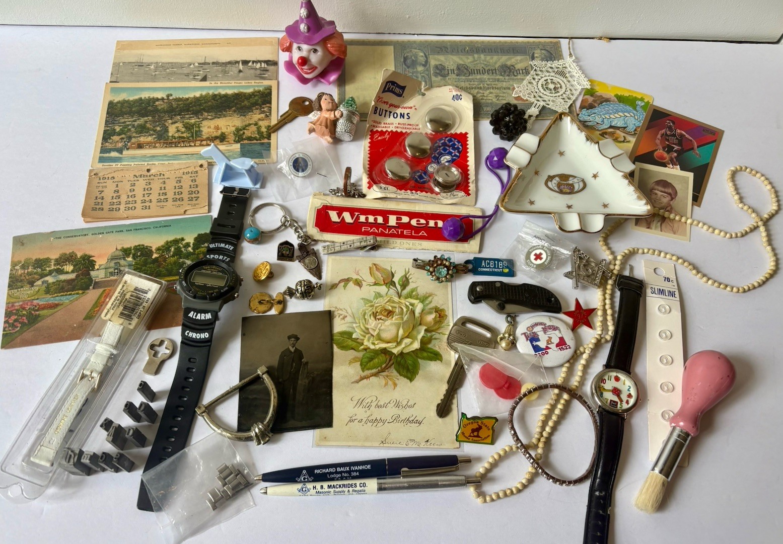 Vintage Junk Drawer Lot Jewelry Pins Tin Type Postcards Watches Trinkets 60+