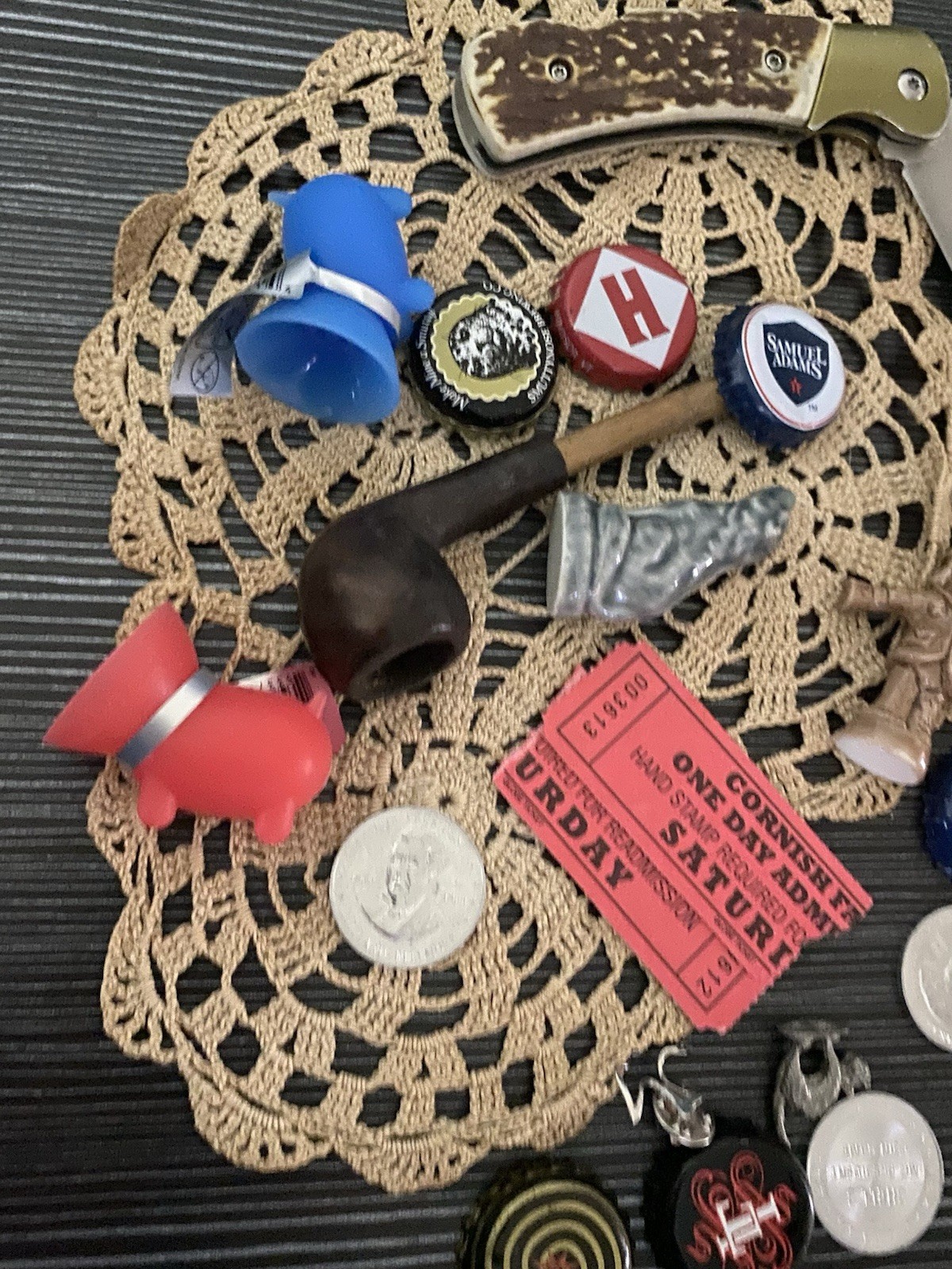Vintage Estate JUNK DRAWER Lot Pipe Token Knife Morton Salt Bottle Top Caps