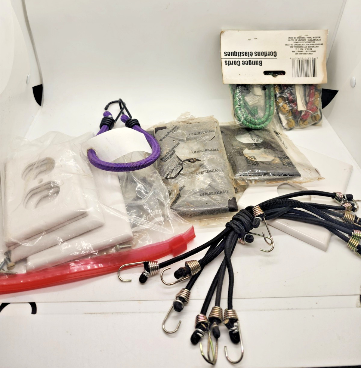 Junk Drawer Lot Handyman Mixed Hardware Bungee cords, light covers New Old Stock
