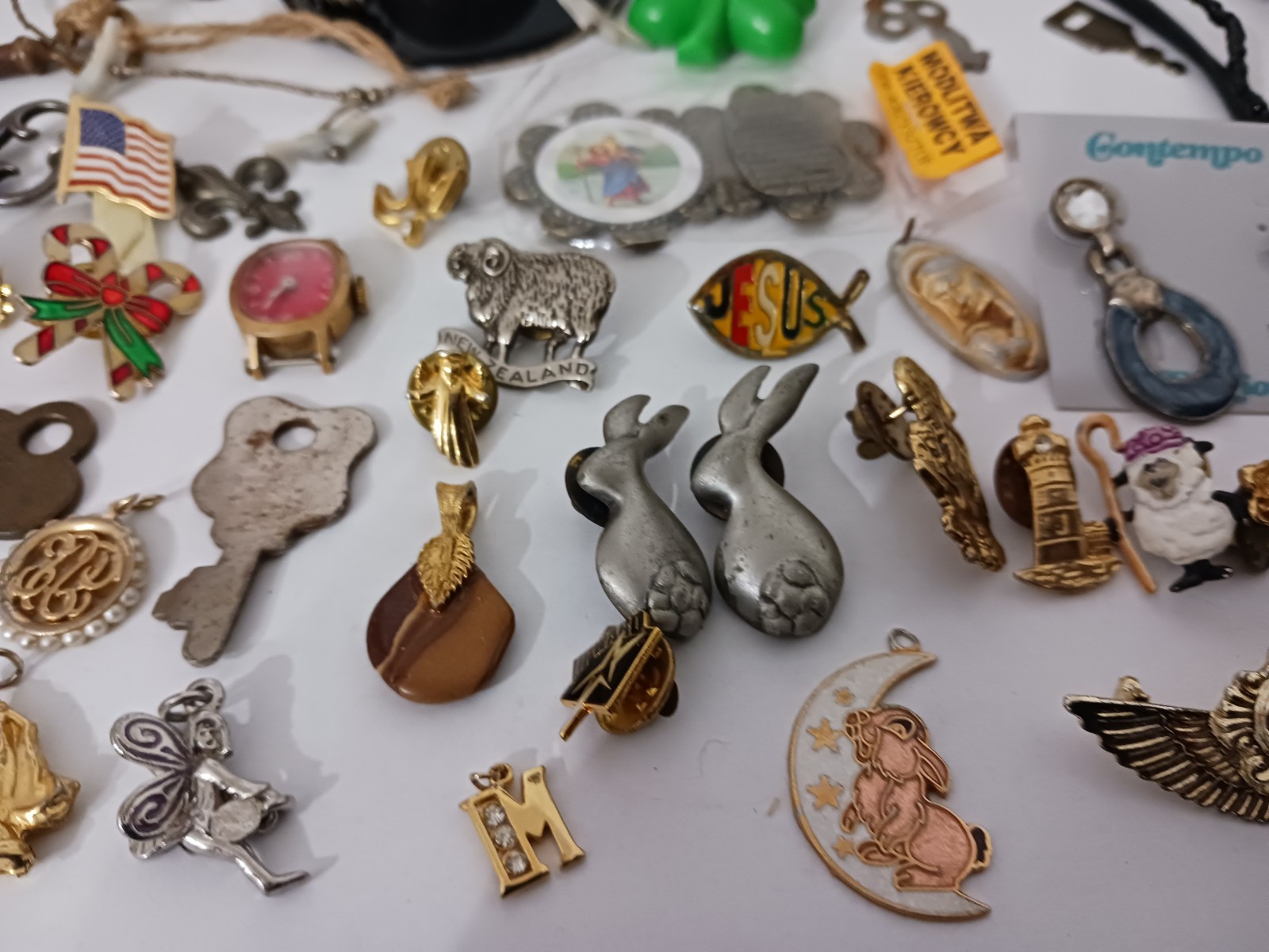 Junk Drawer Lot Skeleton Keys Earrings Pins Necklace Pendants Parts Animals Flag