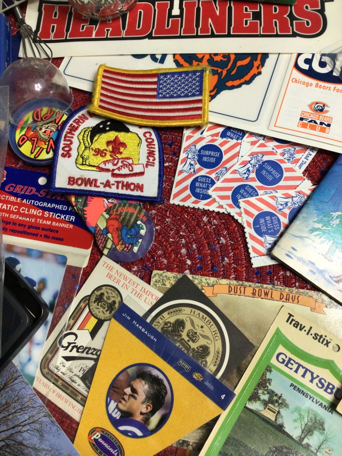 Junk Drawer, Rookie Griffey, Snowglobe, Calculator, Compass , Dice, Decals, book
