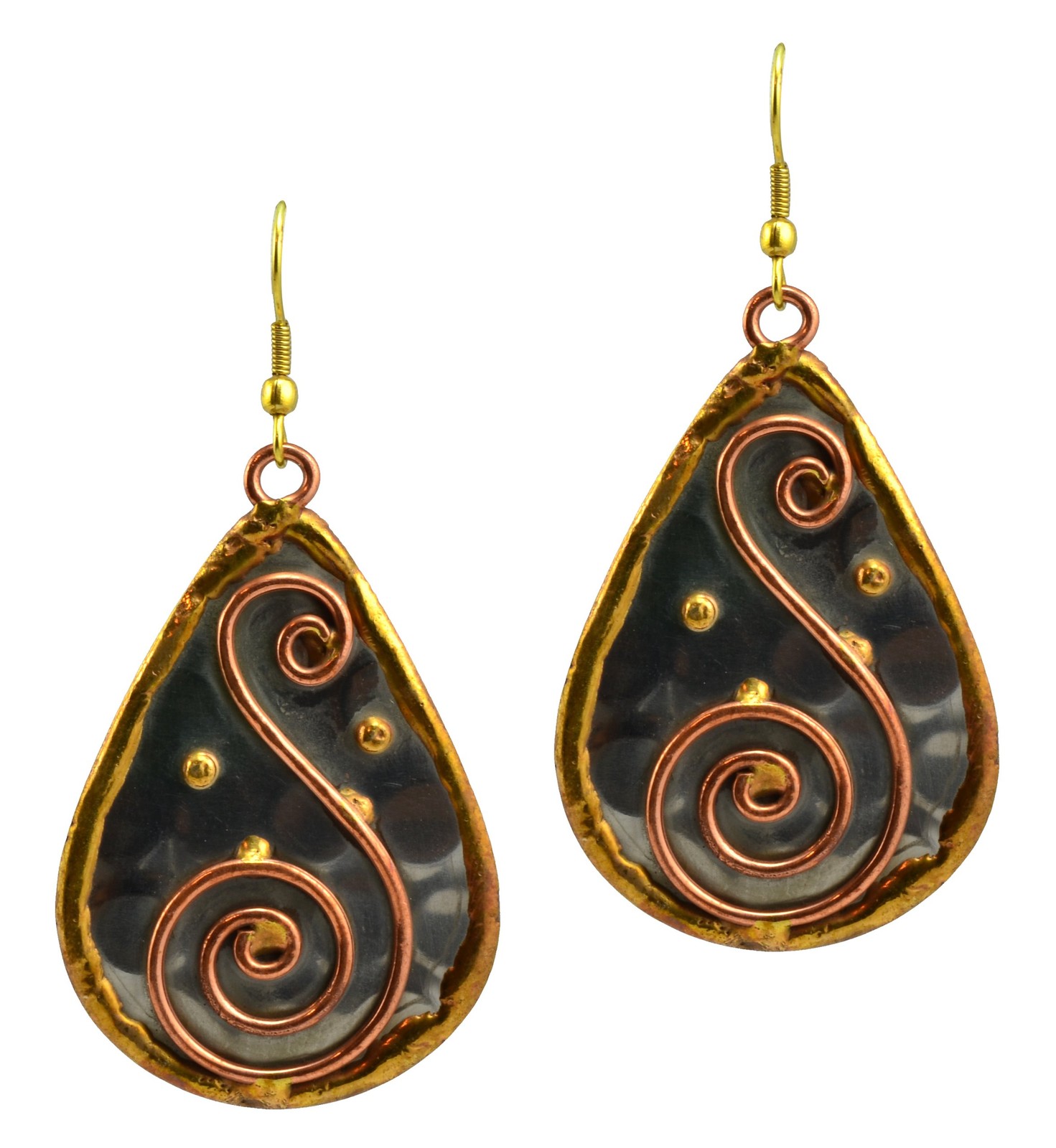 Anju Mixed Metal Teardrop “S”Spiral Dangle Earrings Stainless Steel Brass Copper