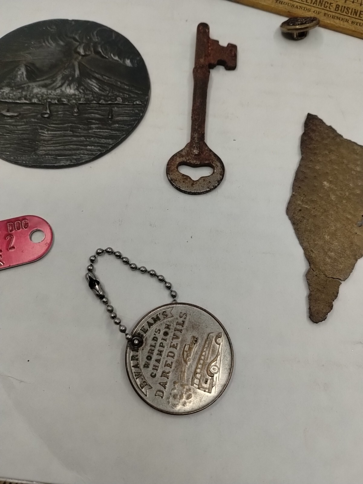 Vintage Junk Drawer Lot Advertising Rings Tokens Key Dog License Tie Clip #11