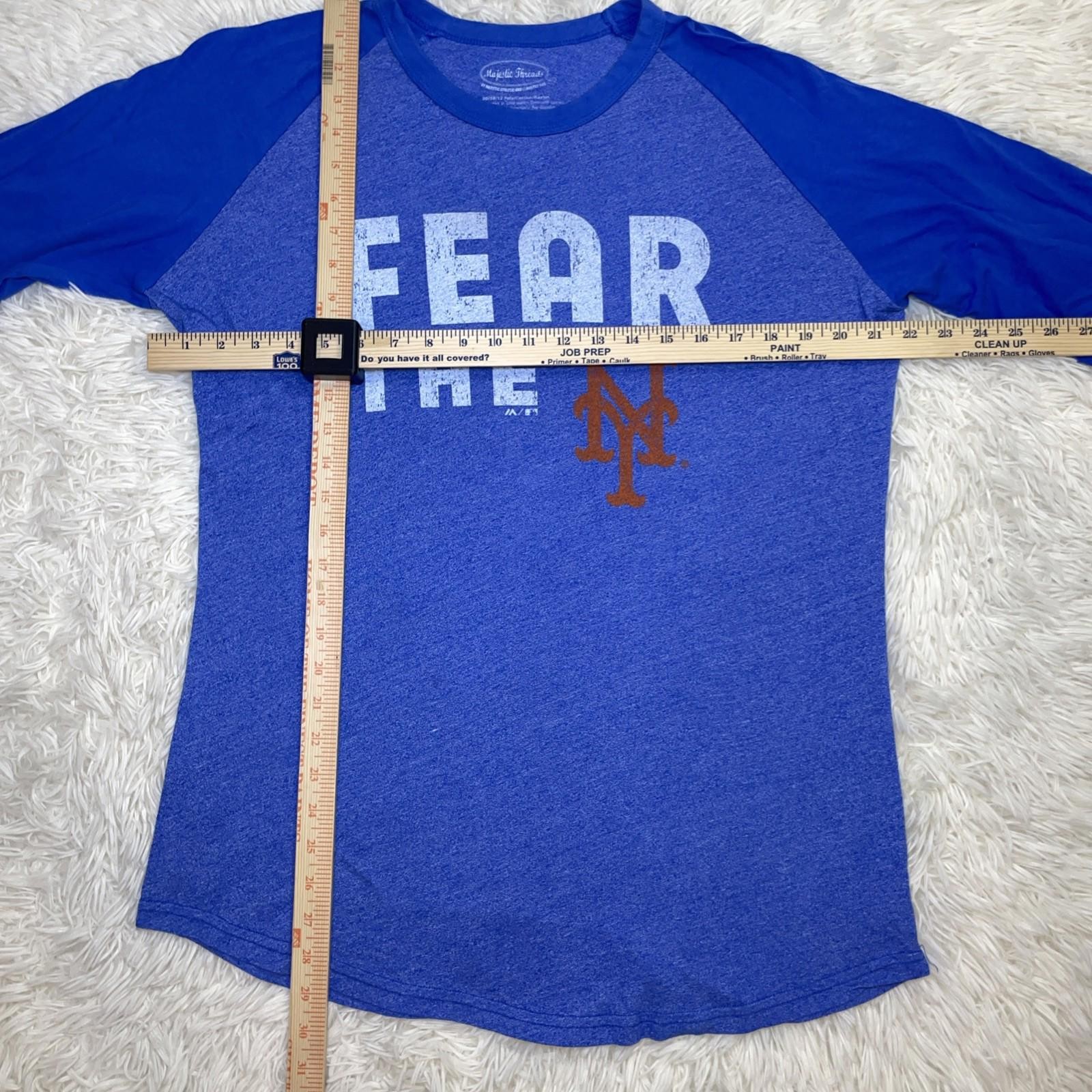 Women’s NYMets “Fear The Mets” Majestic Threads Blue 1/4 Sleeve Raglan T-Shirt L