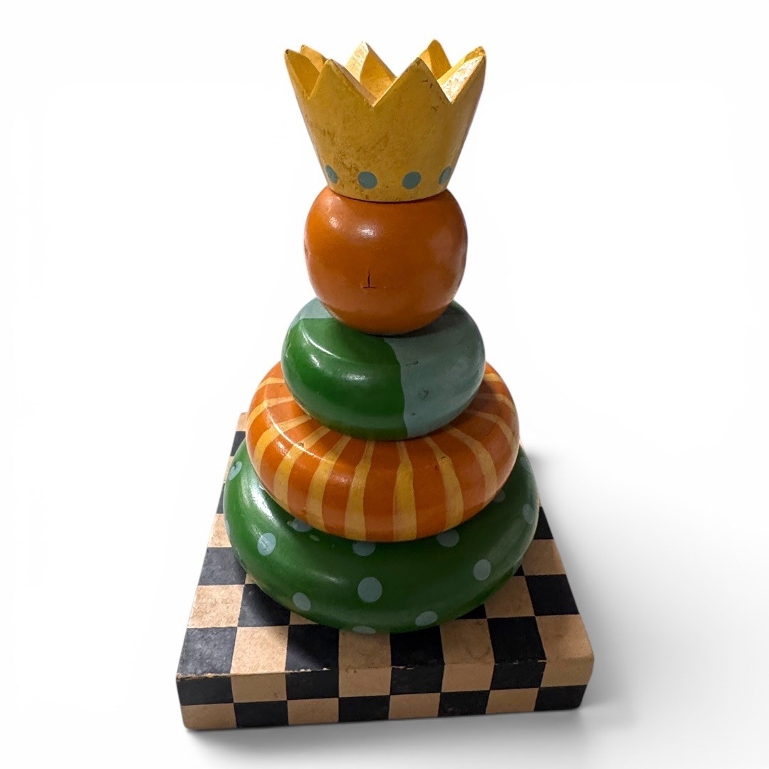 Wooden Stacking Toy King Crown Checkerboard Base McKenzie Childs Style Decor
