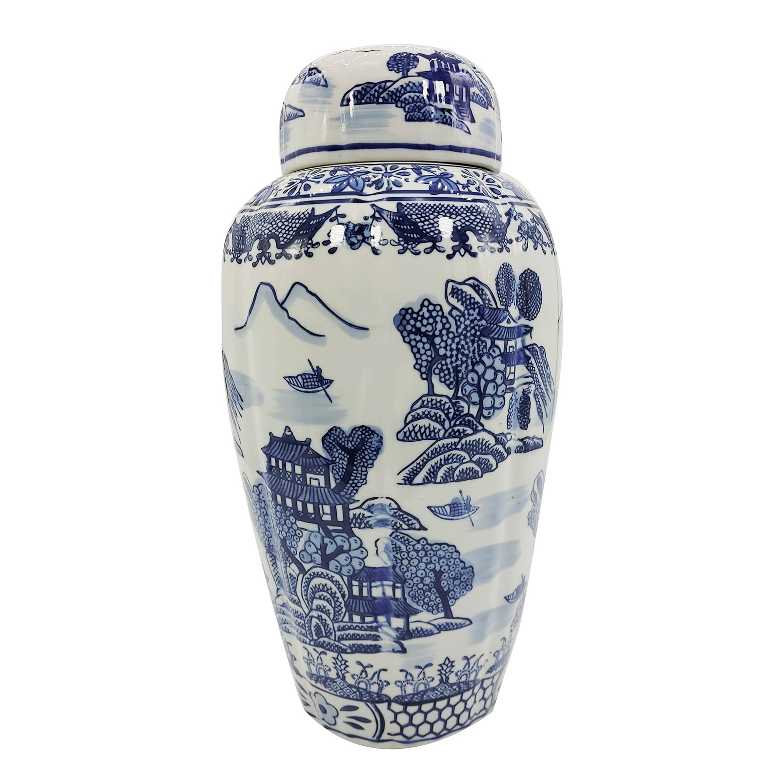 Galt International 16″ Blue & White Urn-Style Ceramic Ginger Jar, Temple Design