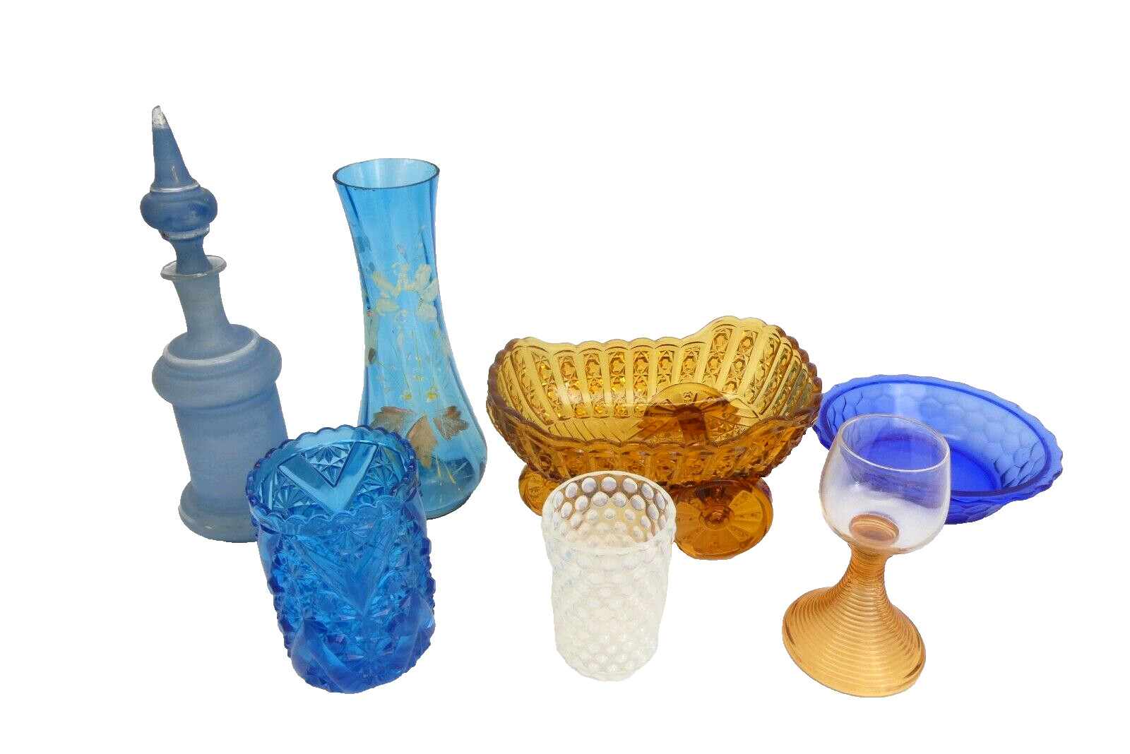 Mixed Lot of Colorful Amber Blue Art Glass Bassinet Servers Cups Bowls Glassware