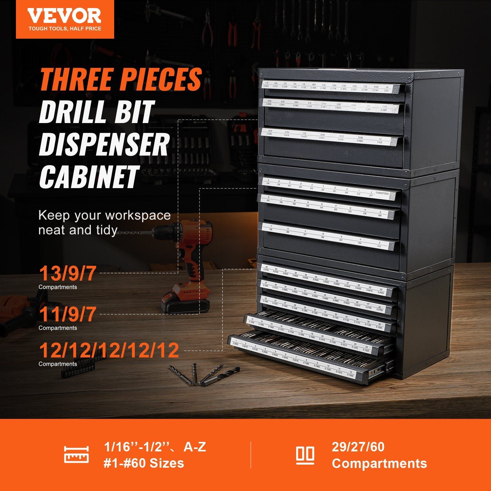 5-Drawer 333lb A-Z & #1-#60 Gauge Drill Bit Organizer, Stackable 3x3x3