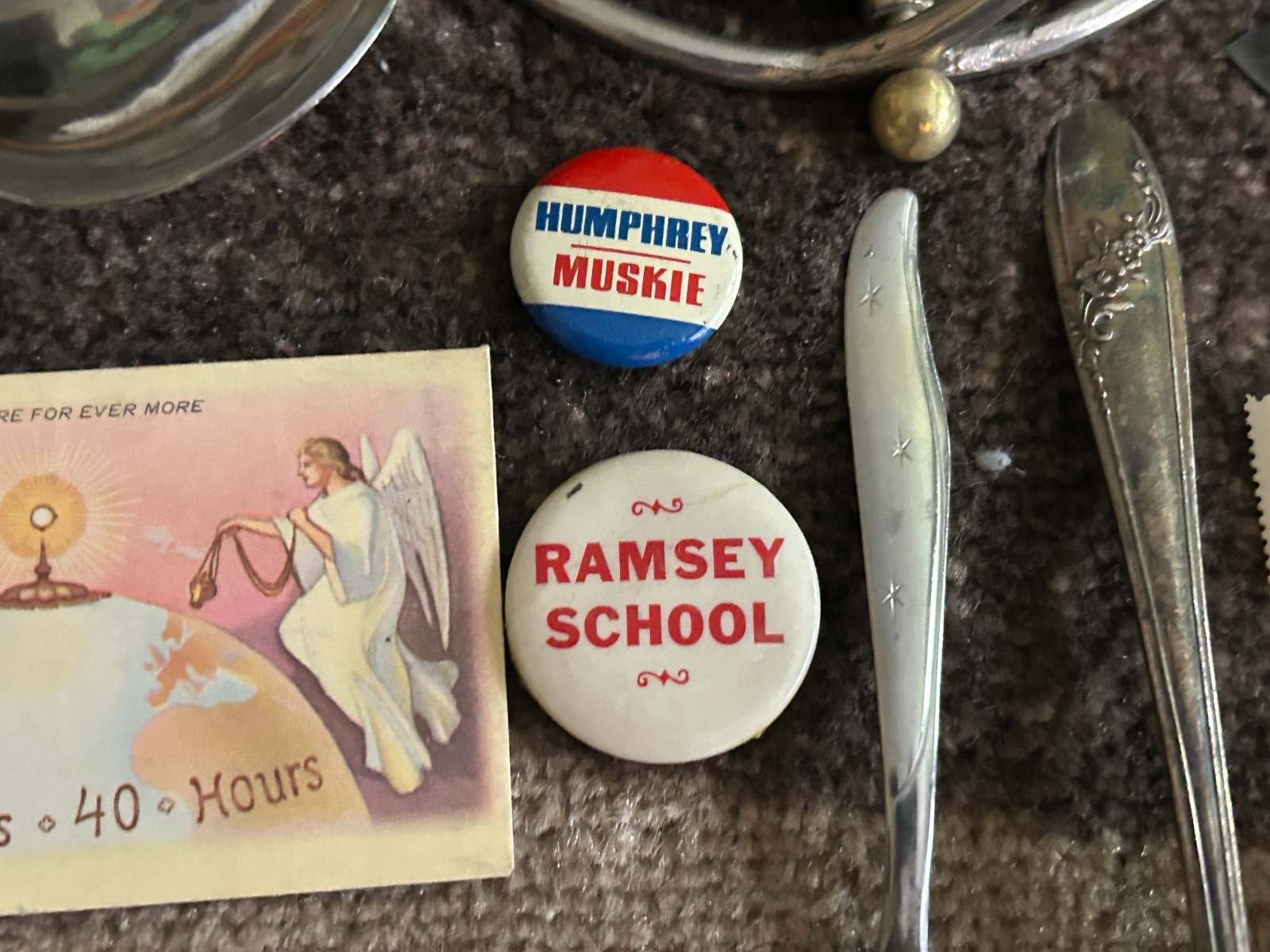 Gramps vintage Junk Drawer Lot Religious JFK Button Owl Humidity Flatware Paper