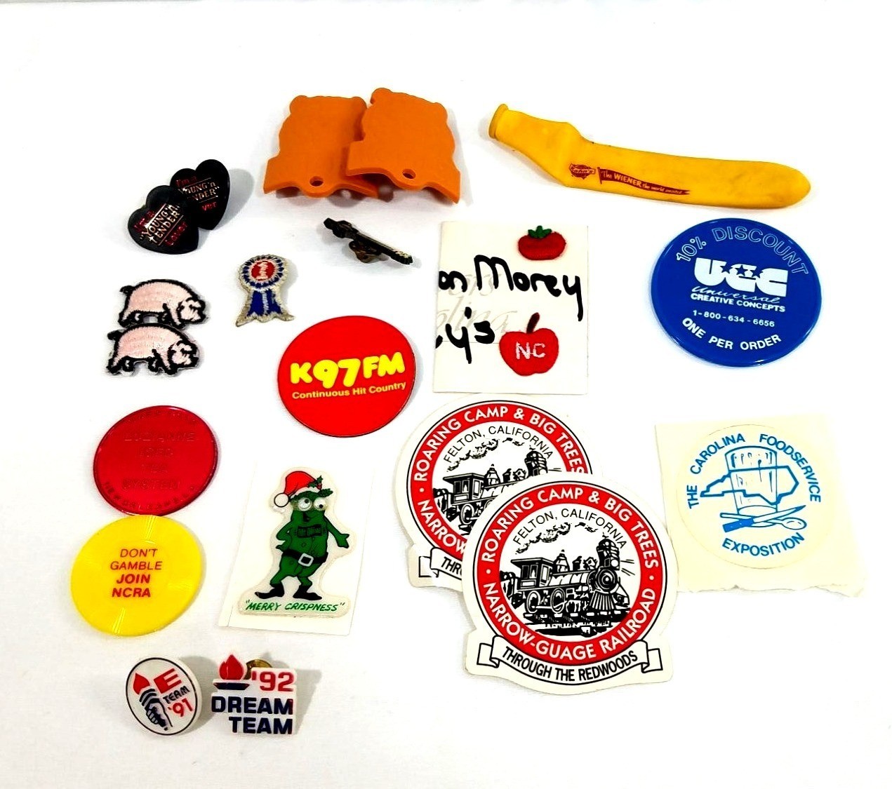 Junk Drawer Lot of 20 Vintage Collectible Pins Tokens Stickers Patches Olympics
