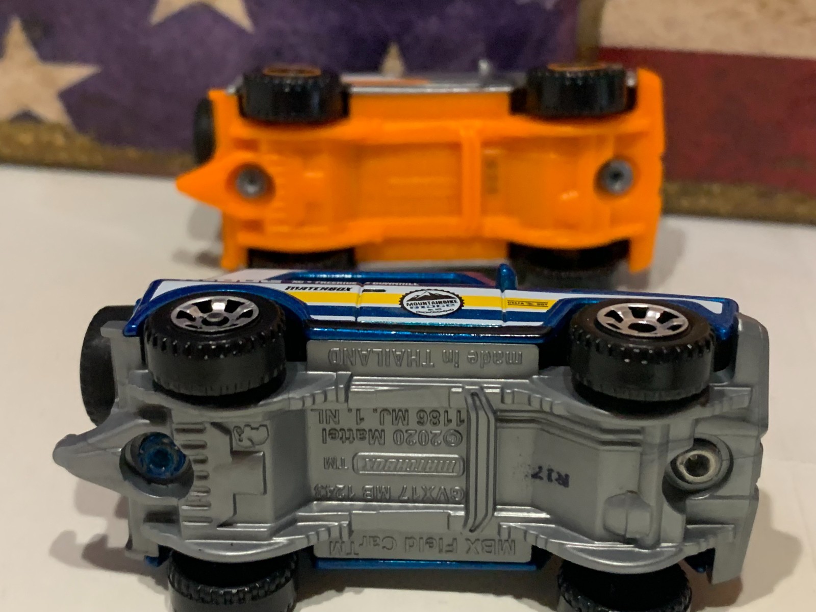 MATCHBOX MBX FIELD CAR X2. BLUE/YELLOW & SILVER /ORANGE MB 70 YEARS NICE