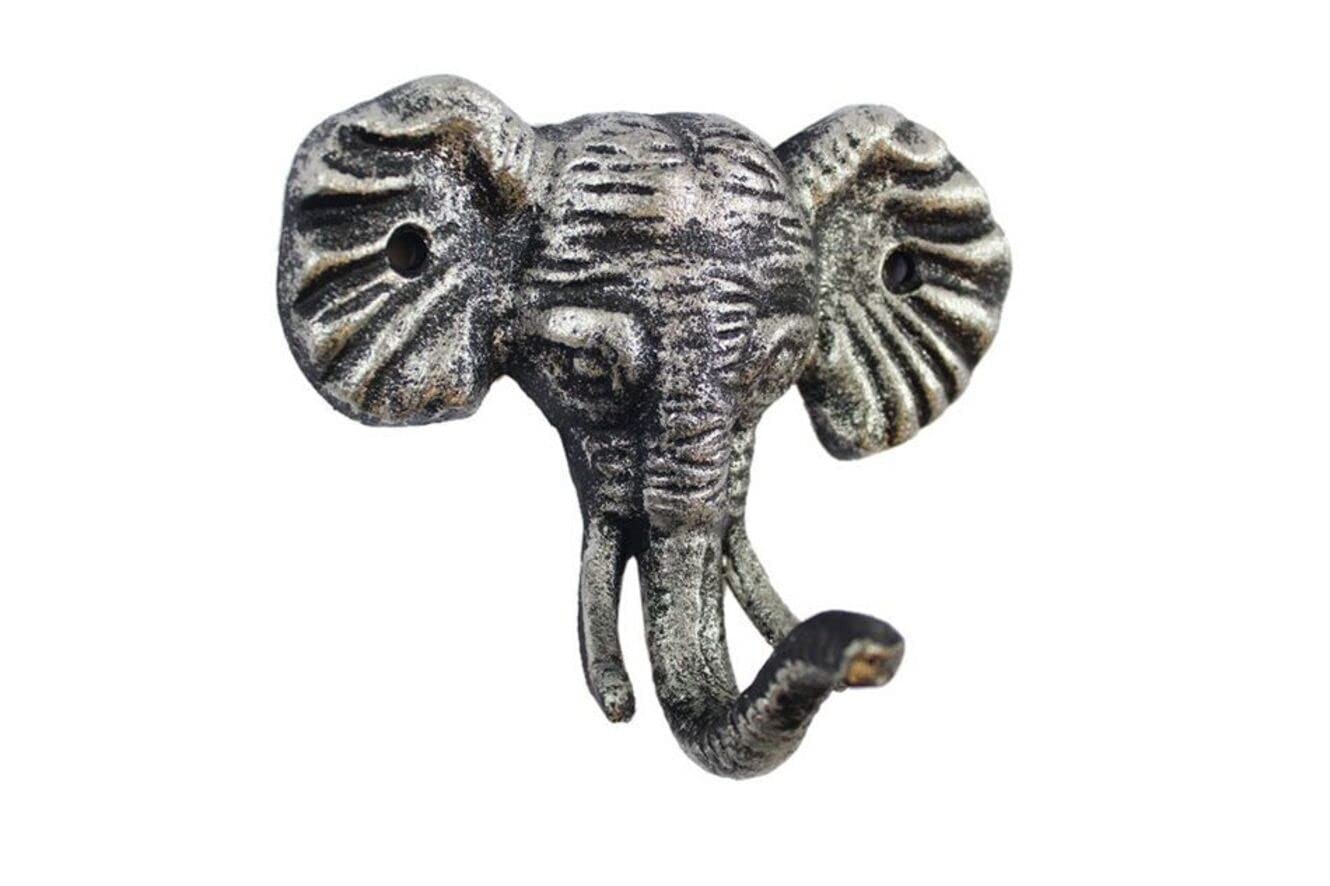 Cast Iron Elephant Wall Hook 5″ Rustic Silver Decor