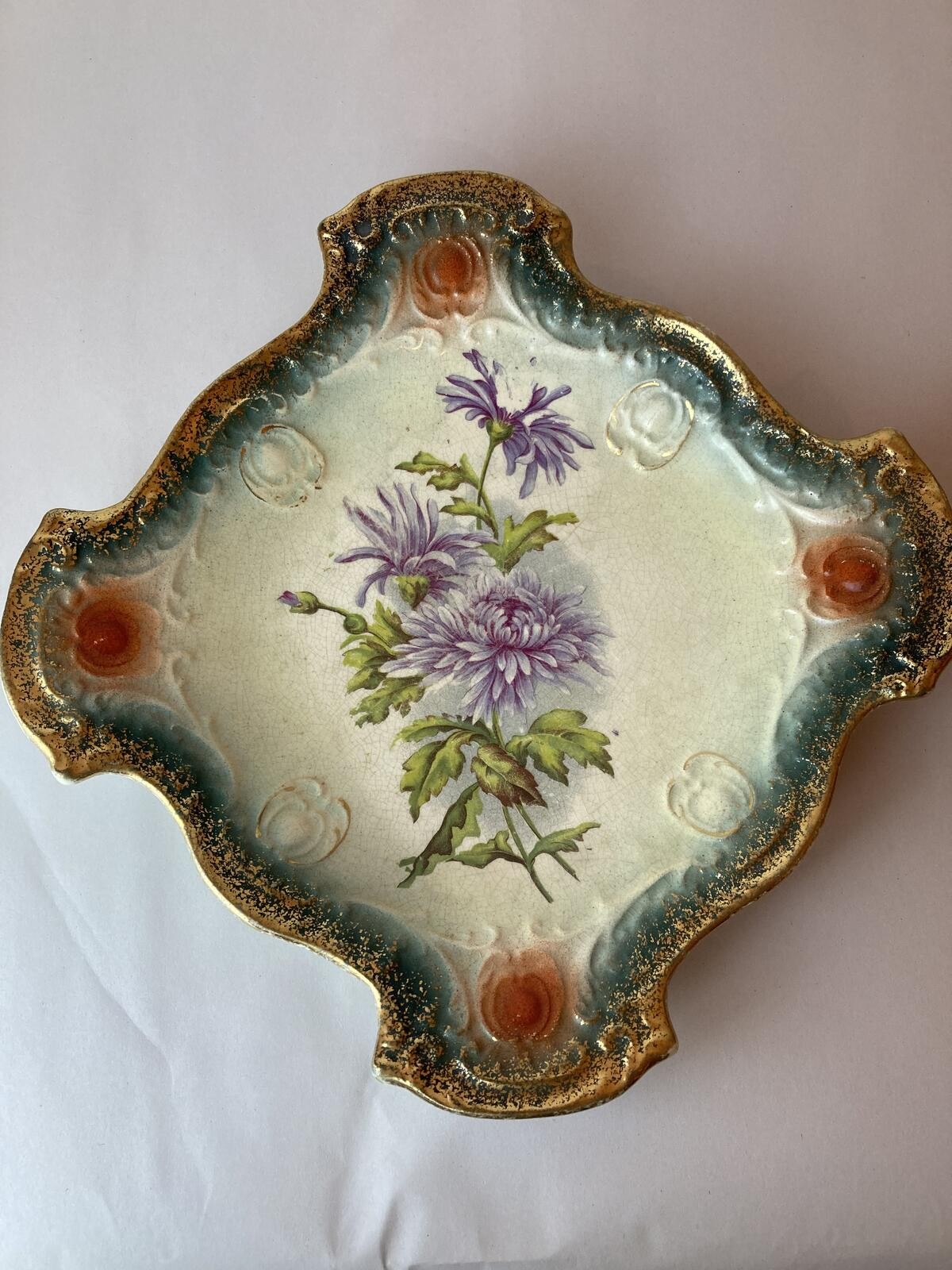 Hand-Painted Porcelain Cabinet Plate Purple Chrysanthemums Gold Gilt Teal Edge