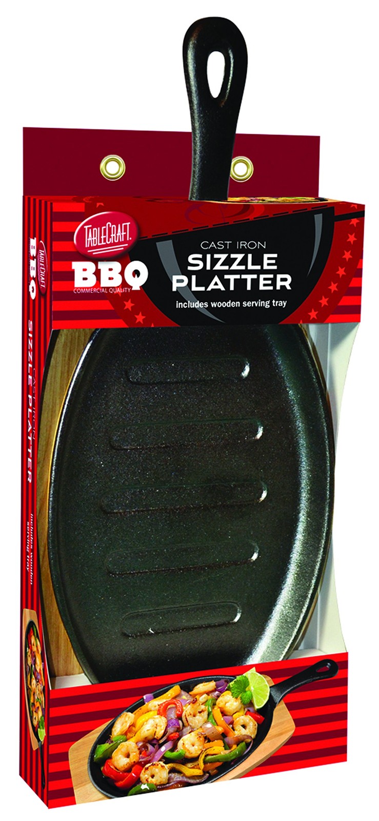 TableCraft 17″ Pre-Seasoned Cast Iron Fajita Skillet with Wood Tray Set