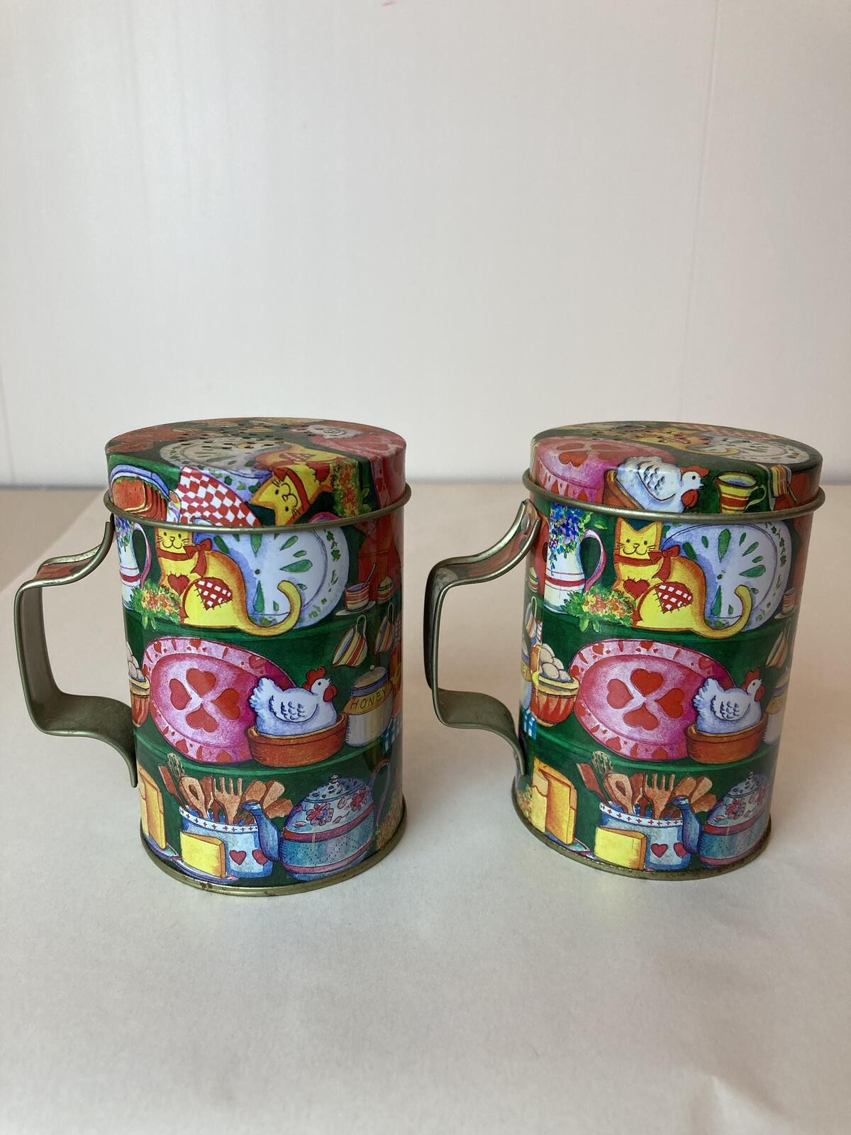 Decorative Tin Cups Mugs Kitchen Motif Made in China Pair