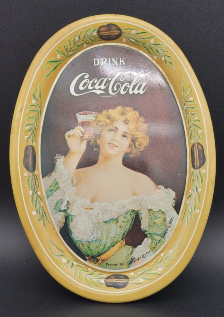 Vintage 1973 Coca-Cola Mini Tray Drink Coca-Cola Lady in Green Oval 5″ Promo