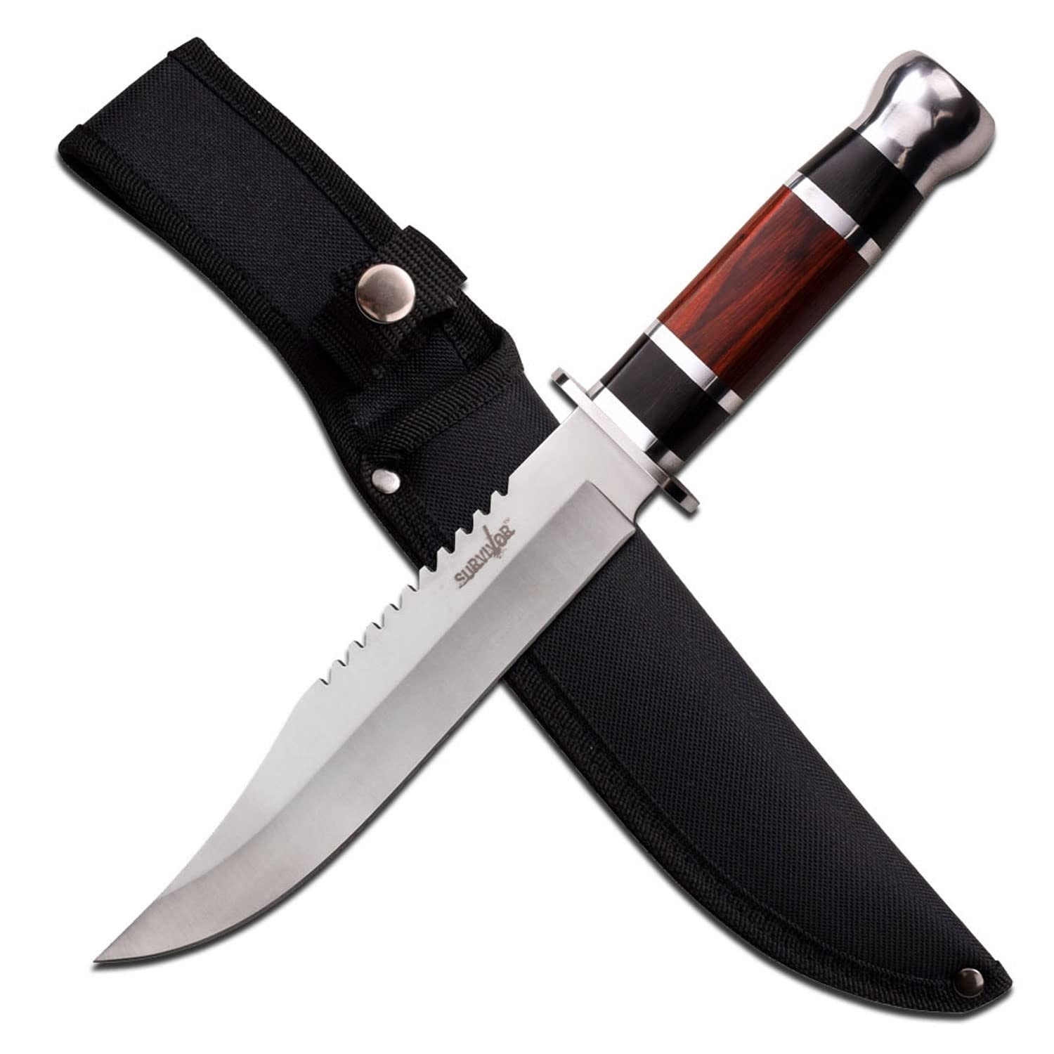 Survivor Fixed Blade Knife Clip Point Sawback Wood Handle Sheath HK-781L Surviva