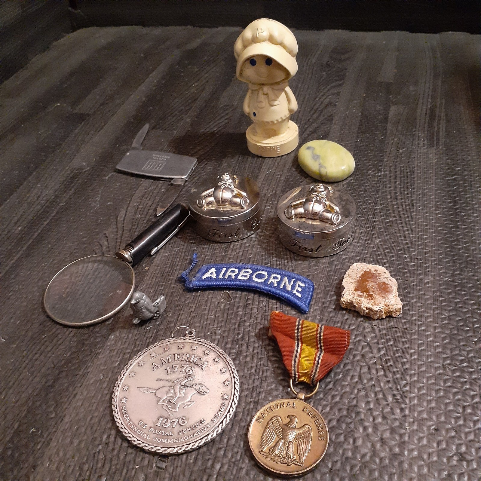 Junk Drawer Lot Vintage Zippo Knife Airborne National Defense Medal Postal