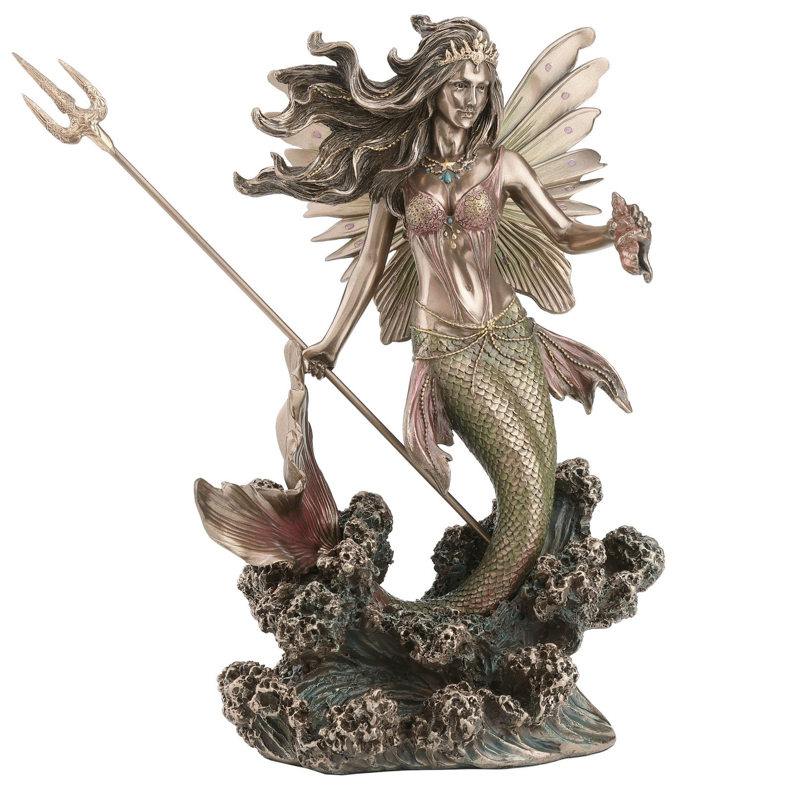 Veronese Design 9-1/8″ Queen Mermaid Fairy Sculpture – Trident, Bronze Resin