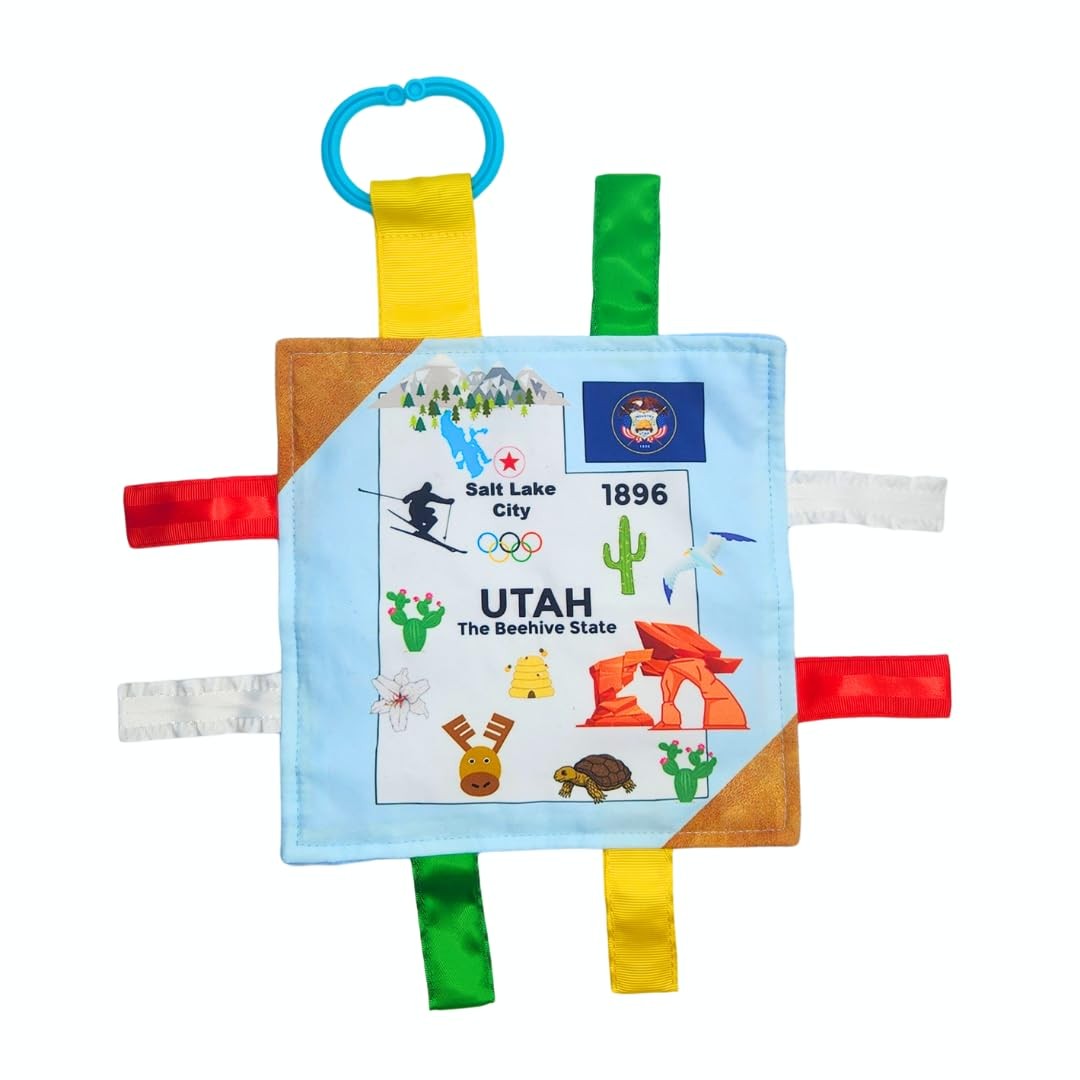 Baby Jack Utah Learning Lovey 8x8in Tag Toy Crinkle Stroller Clip Baby Sensory