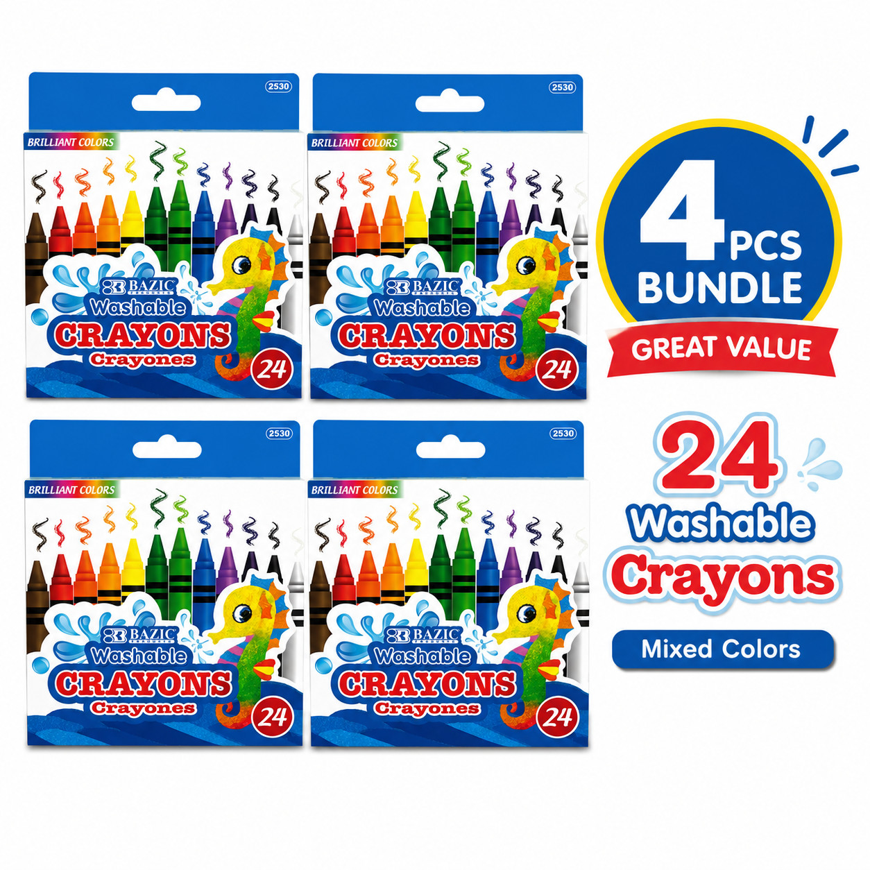 [Pack of 4] Bazic Washable Crayons 24 Count Brilliant Assorted Colors Non-Toxic