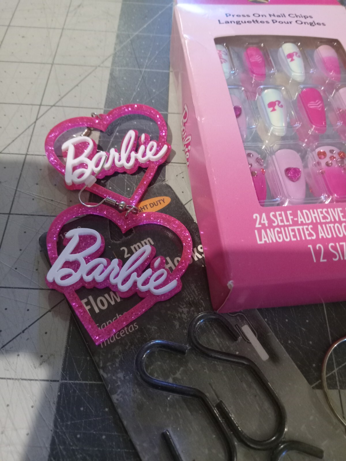 Junk Drawer Lot 20 Items Including Barbie Earrings And Press On Nails, Dice….