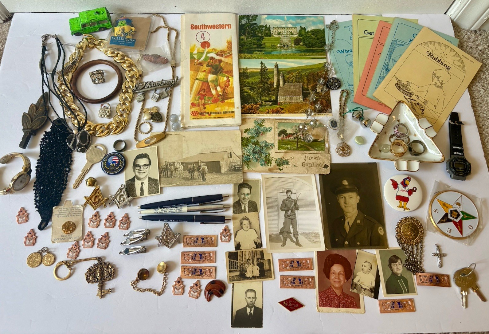 Vintage Junk Drawer Lot Masonic Jewelry Military Pins Photos Trinkets 100+