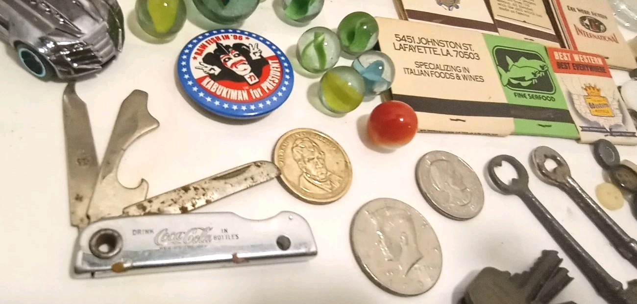 50++ Items Vintage Junk Drawer Lot Skeleton Key Marbles Old Knife USA COINS