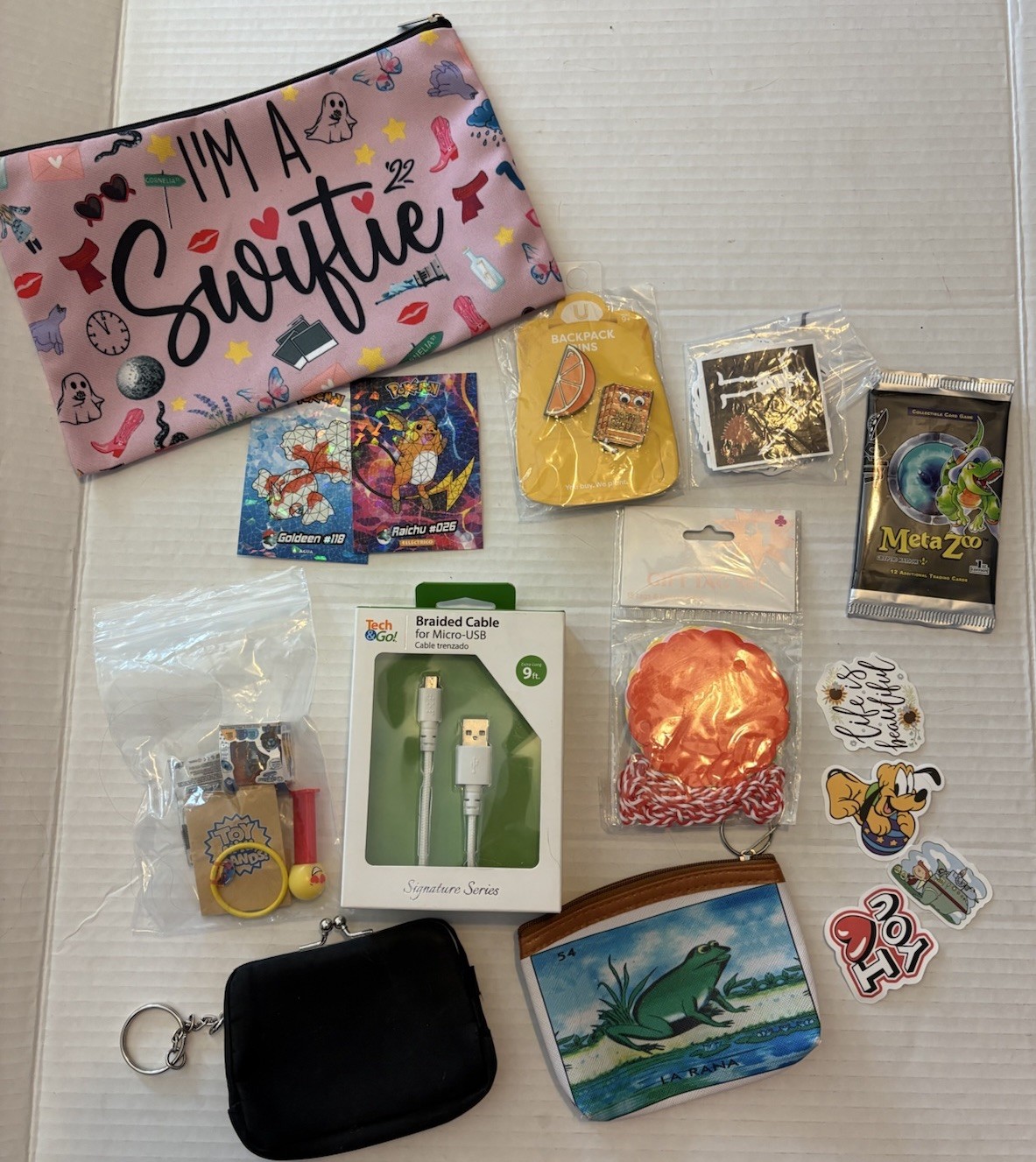 Junk Drawer Lot Mini Brands PEZ Pokemon Pins Stickers Coin Purse Swiftie Bag