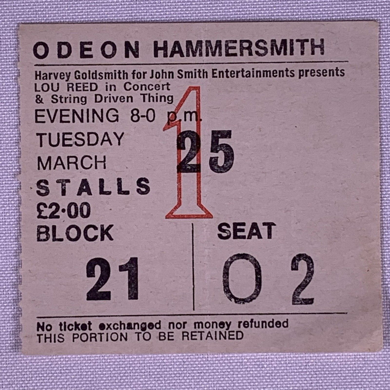 Lou Reed Ticket Vintage Original World Tour Hammersmith 1975 #2
