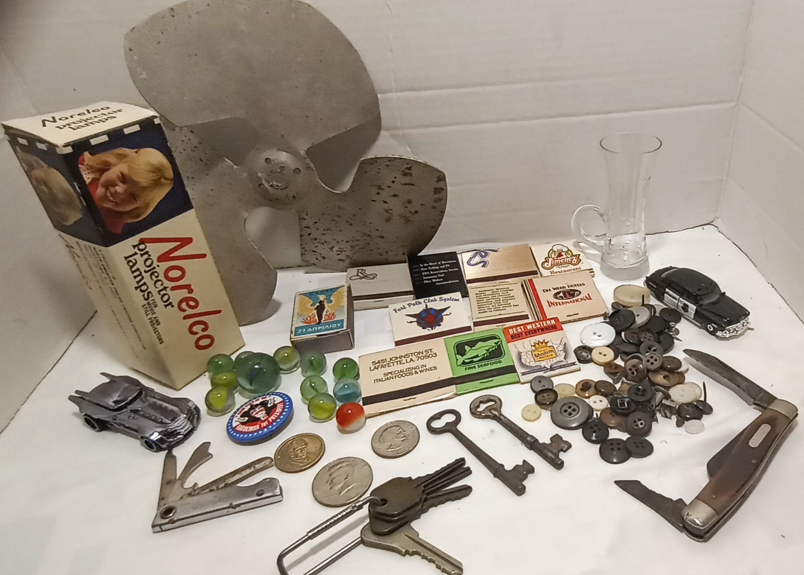 50++ Items Vintage Junk Drawer Lot Skeleton Key Marbles Old Knife USA COINS