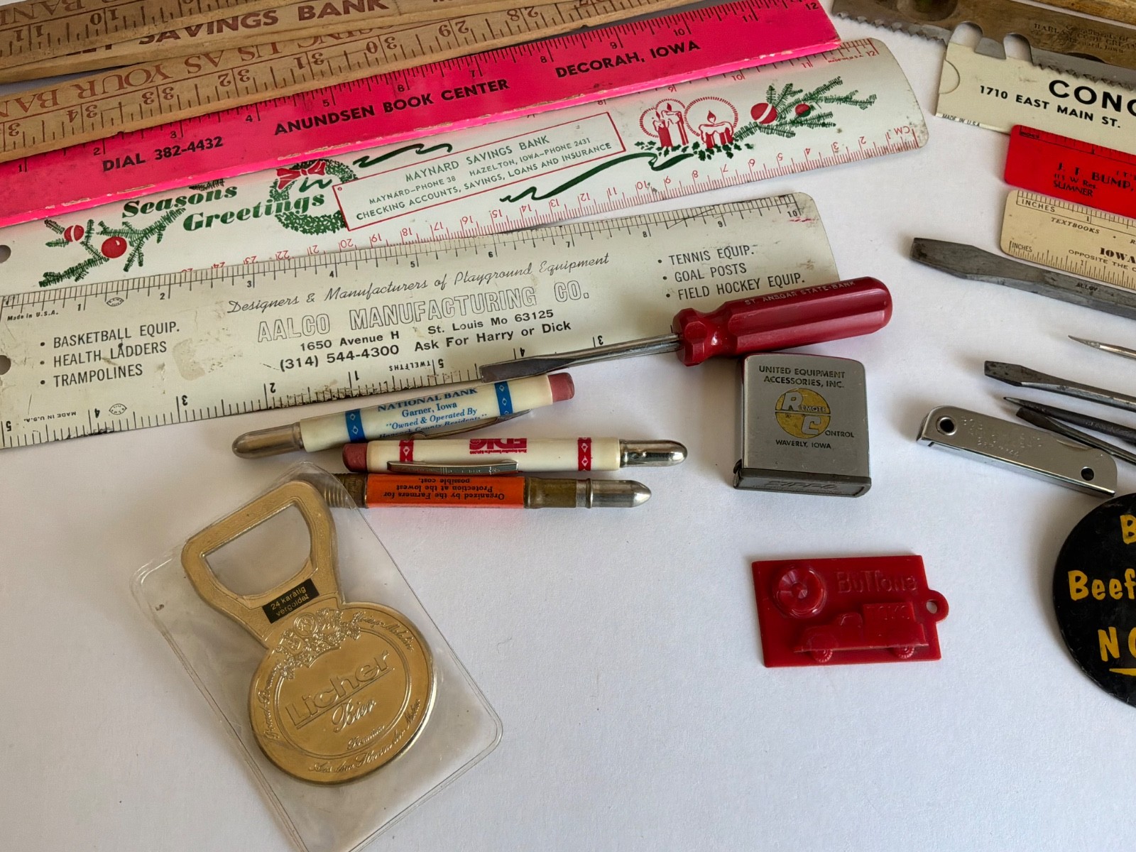 Vintage 25 Piece Assorted Garage Junk Drawer Lot Advertising Ruler Cards Beer