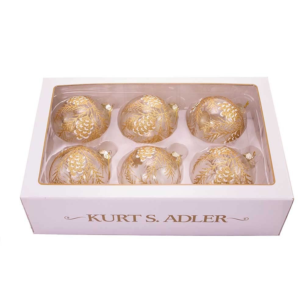 Kurt S. Adler 80MM Clear Glass Ball with Gold Pinecones Ornament Set, 6-Pack