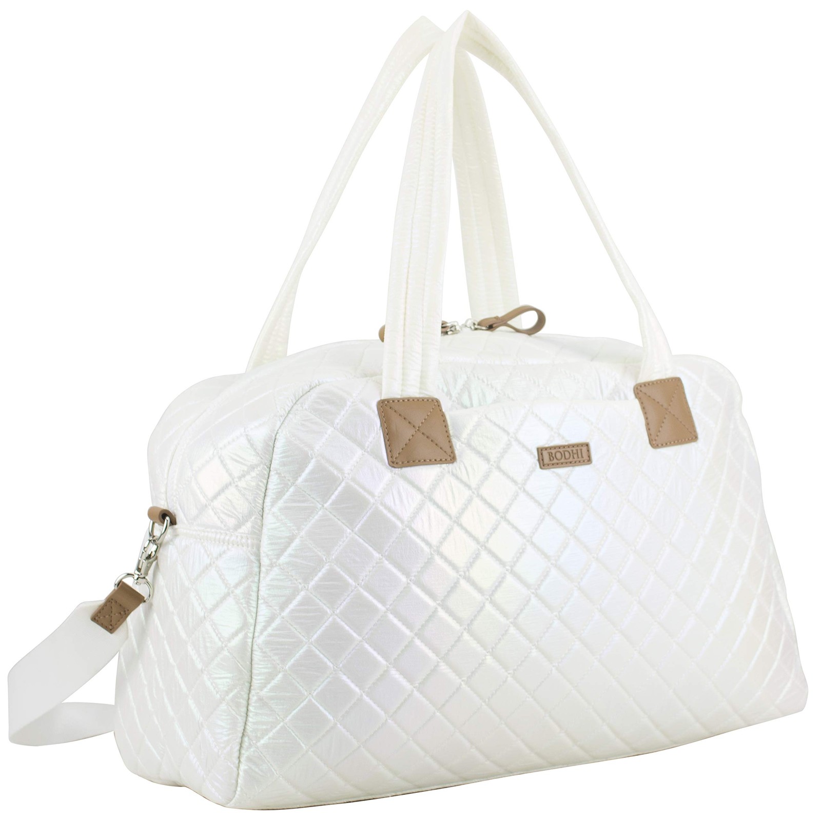 BODHI Quilted Luxe Weekender Bag White Iridescent Trolley Sleeve