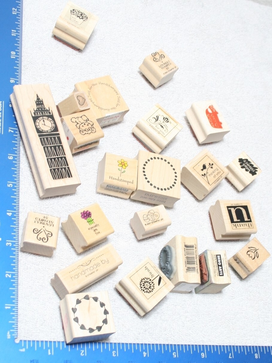 Lot 20 Assorted STAMP Mounted Wooden Rubber Stamps Some Used, Some New
