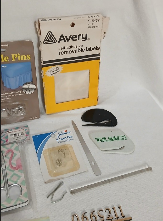 Junk Drawer Lot Empty Coin Roll Labels Pins New Nail Kit Paper Cutter Plus Plus