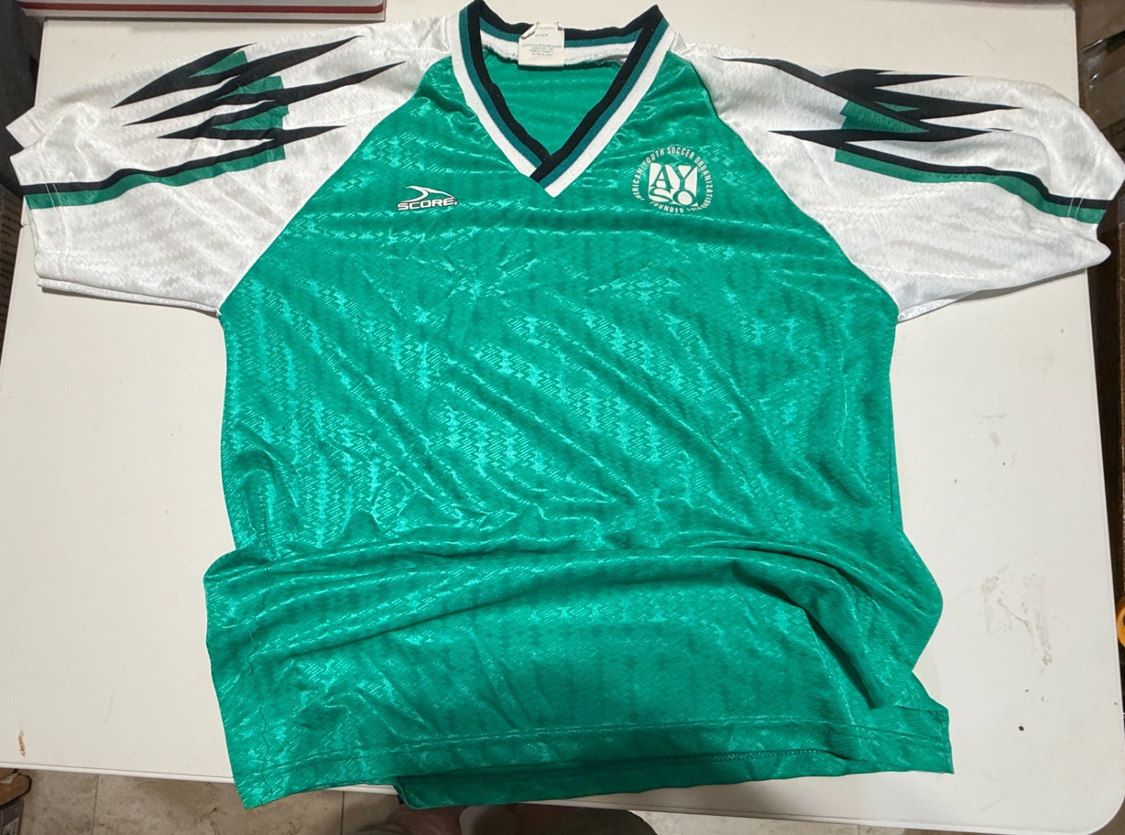 PRE-WORN Vintage Tee Shirt: AYSO Teal/Green and White Youth Soccer Jersey