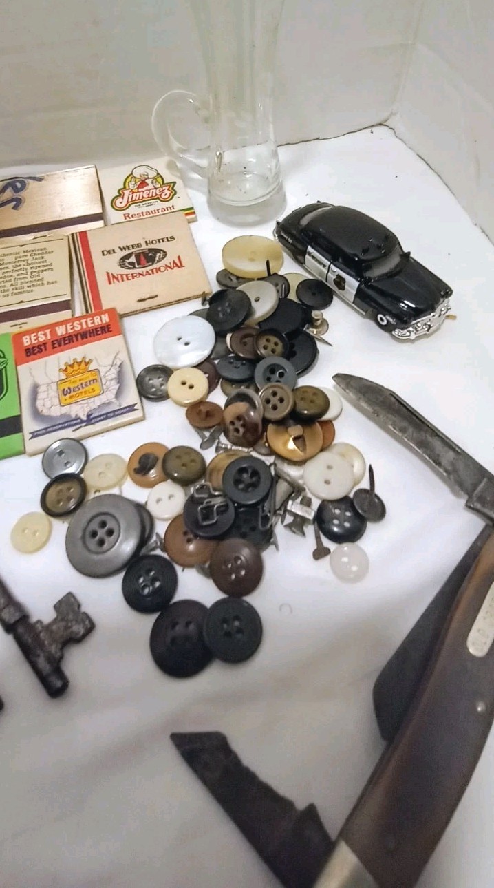 50++ Items Vintage Junk Drawer Lot Skeleton Key Marbles Old Knife USA COINS