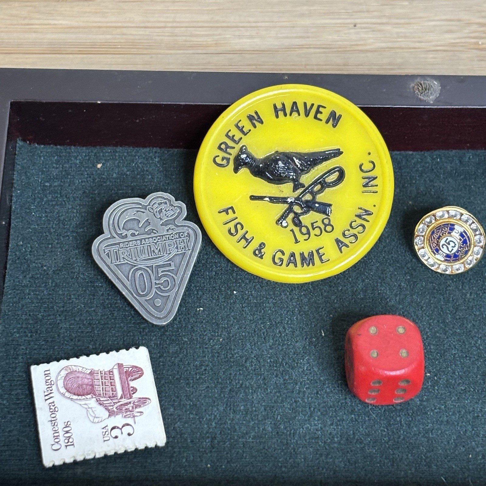 Vintage Junk Drawer Lot – Retail Clerks Union Pins Religious Key Dice Thimble