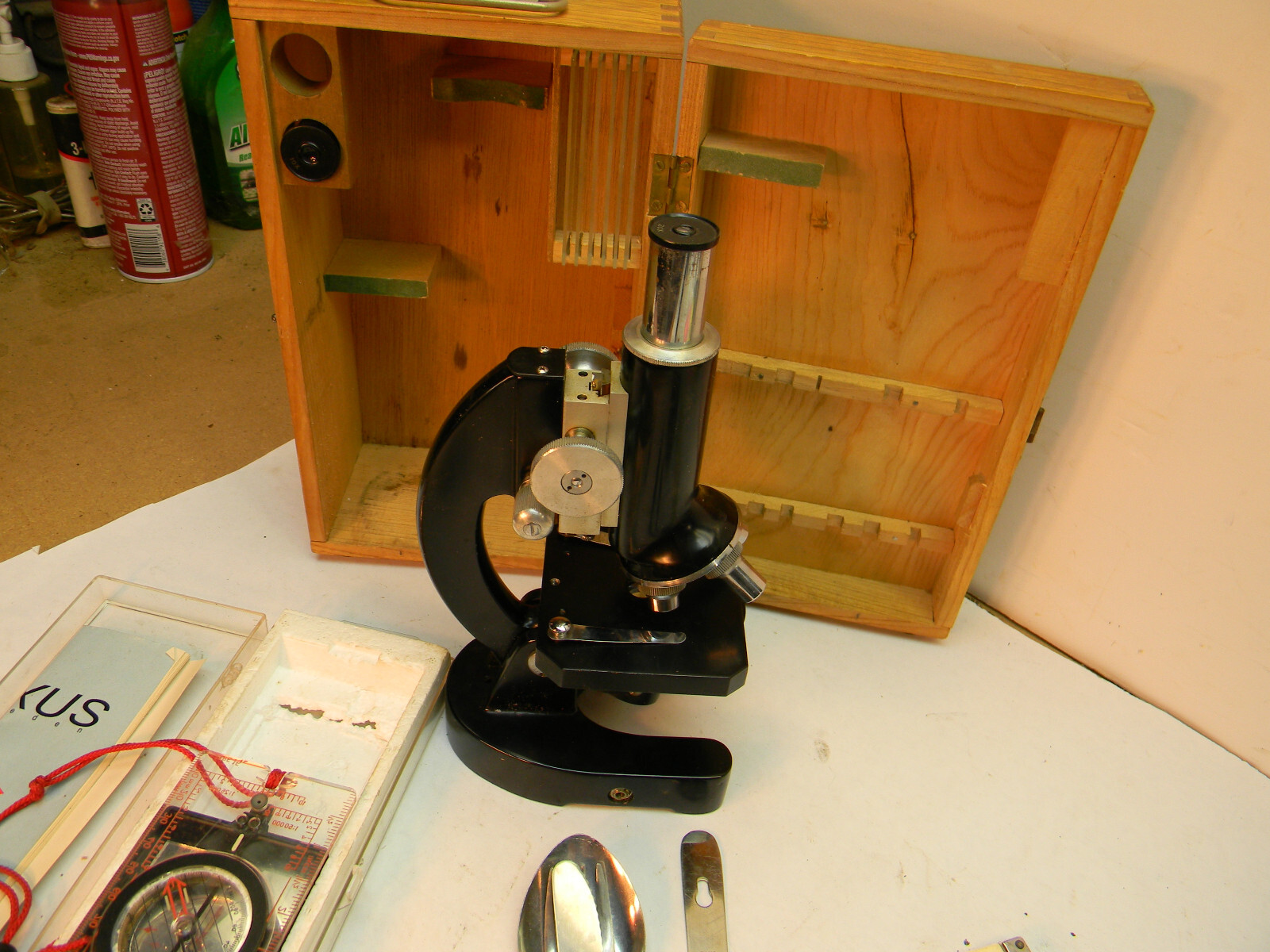 #KN-11124A Junk Drawer Box Microscope, Compas, Slide rule; Fly reel