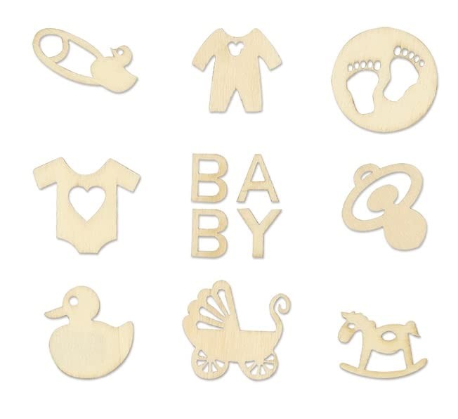 Mini Laser Cut Wood Baby Shapes, 45pc Assorted Pram/Rocking Horse/Pacifier, 1″