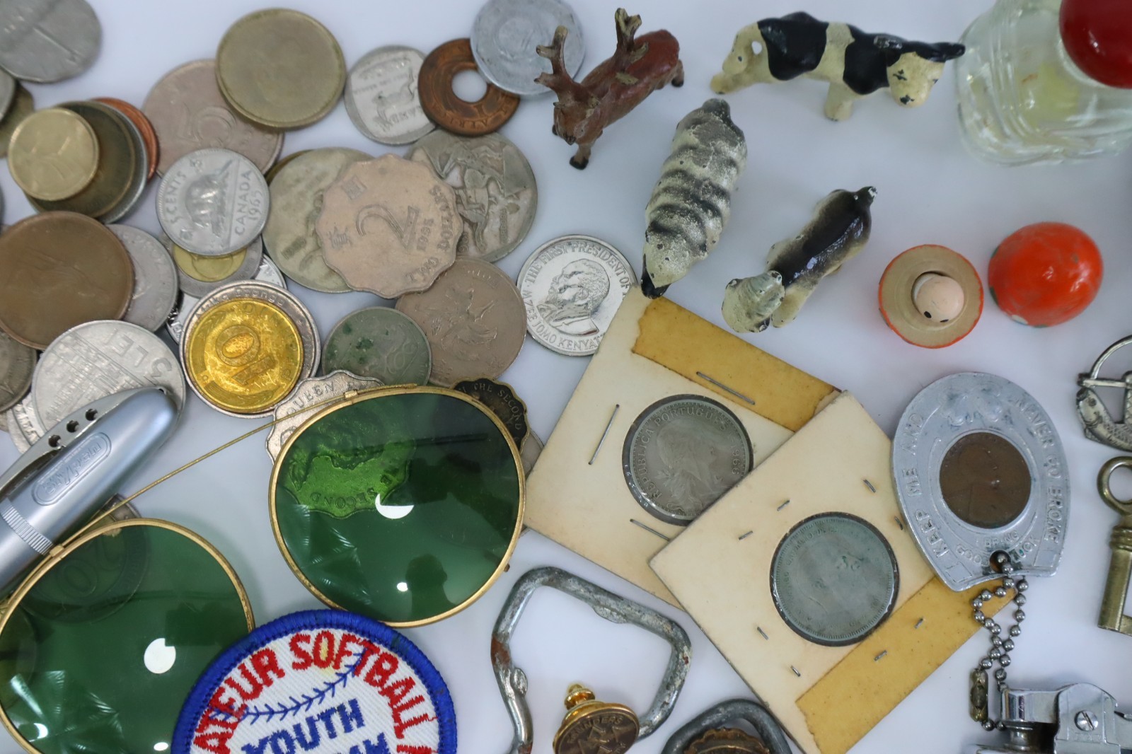 Vintage Junk Drawer Lot Estate Smalls Coins Lighters Knives Pens Ephemera Mixed