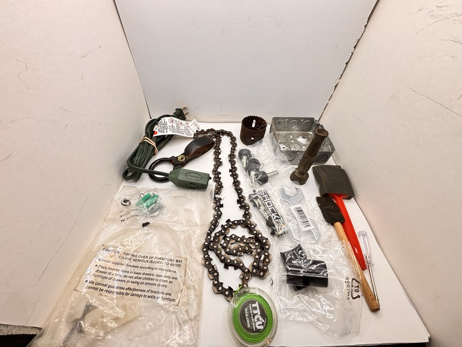 VTG Junk Drawer Lot Resellers Lot Metal Tools Chain For Chain Saw Tape measure