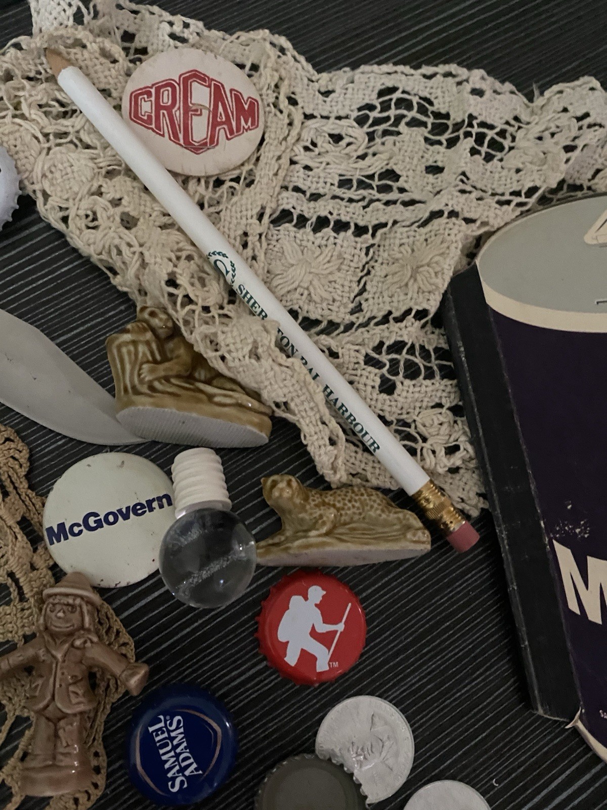 Vintage Estate JUNK DRAWER Lot Pipe Token Knife Morton Salt Bottle Top Caps