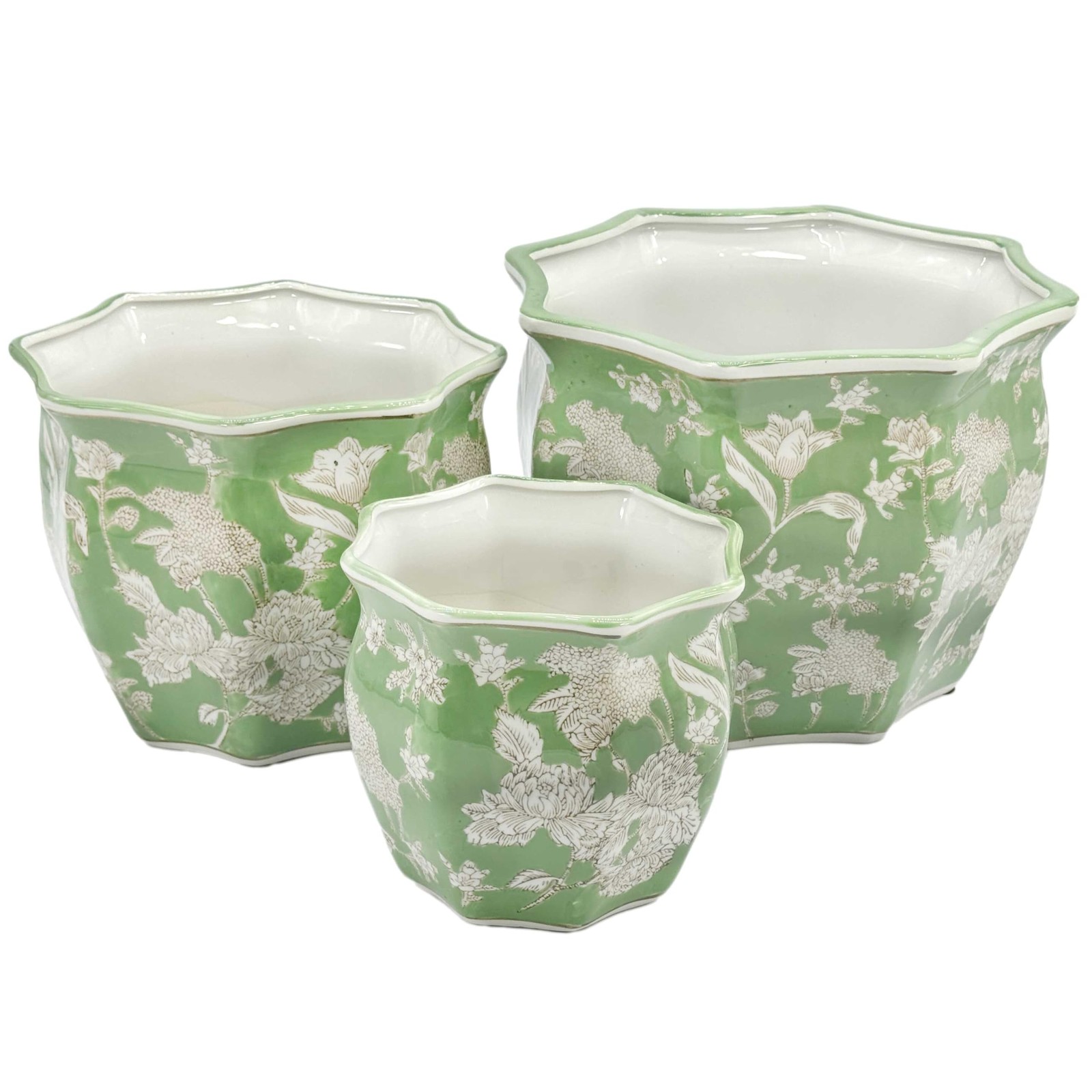 Galt International Green White Floral Porcelain Planter Set of 3 Garden Pots